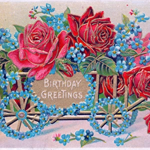 Wooden cart full of flowers on a birthday postcard