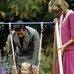 A young Prince William on a swing next to his parents