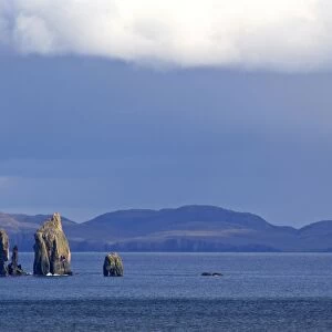 Rock formation sea stacks of The Drongs amidst the ocean Northmavine, North Island, Shetland Isles, Scotland, UK