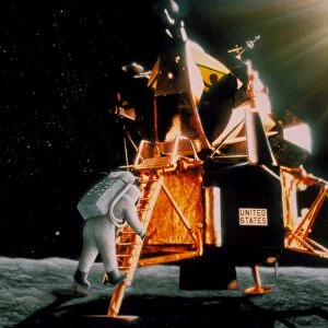 Artwork of Armstrong descending Lunar Module steps