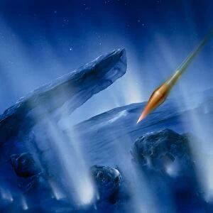 Artwork of Deep Impact impactor hitting comet
