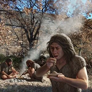 Neanderthals cooking vegetables, artwork