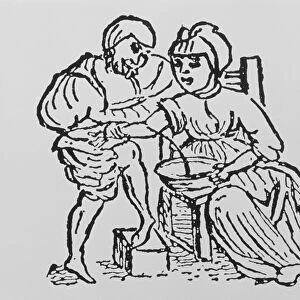 Woodcut showing woman being bled by a doctor