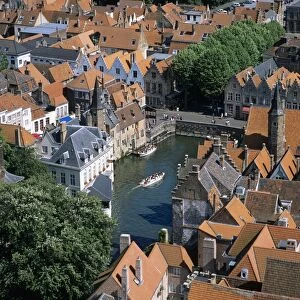 Aerial view over Rozenhoedkaai and roof-tops from the Belfry, Bruges, UNESCO World Heritage Site, Flanders, Belgium, Europe