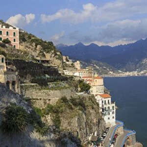 Cliff side view towards Atrani and distant Maiori, Costiera Amalfitana (Amalfi Coast)