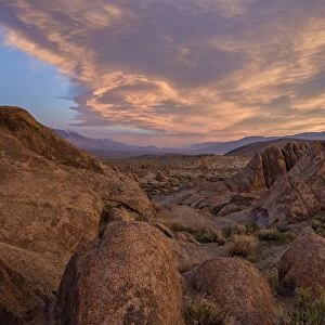 Clouds at dawn over the rock formations, Alabama Hills, Inyo National Forest, California