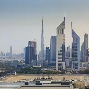 Dubai cityscape with Burj Khalifa and Emirates Towers, Dubai, United Arab Emirates, Middle East
