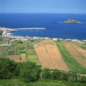 Fields, town and harbour on the island of Graciosa in the Azores