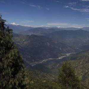 The Himalayan range and the River Tista seen from the Darjeeling to Gangtok road