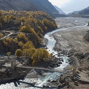 Hushe village beside a meandering river, Gilgit-Baltistan, northern Pakistan, Asia