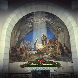 Interior of church with Nativity scene