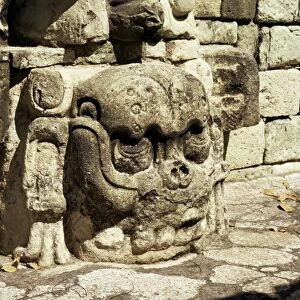 Mayan carved stone skull on top of East Court