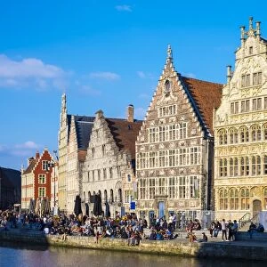 Medieval guild houses on Graslei and the Leie River, Ghent, Flanders, Belgium, Europe