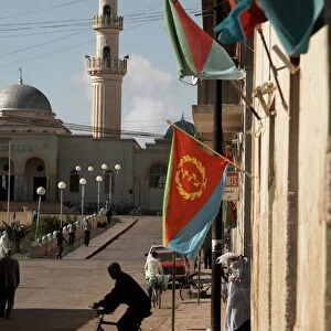 National flags adjorn the streets for Workers Day, Asmara, Eritrea, Africa