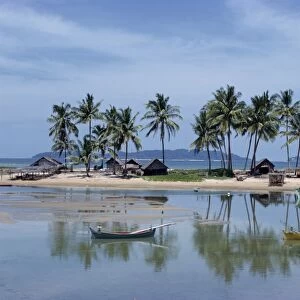 Palm trees and moored boats on the beach at Marang