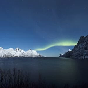 Panorama of the Northern Lights on the Senjahopen peak surrounded by the frozen sea