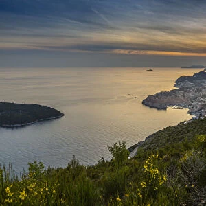 Panoramic view of the Old Walled City of Dubrovnik at sunset, UNESCO World Heritage Site