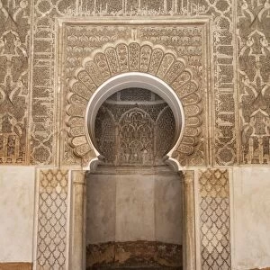 Traditional decorative plaster carving in the Ben Youssef Medersa, UNESCO World Heritage Site, Marrakech, Morocco, North Africa, Africa