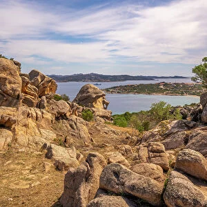 View of La Maddalena from rock formations near Porto Rafael, Sardinia, Italy, Mediterranean, Europe