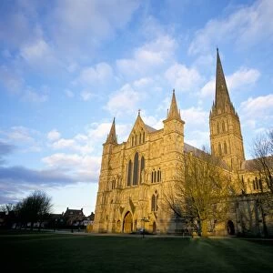 West front at dusk, Salisbury Cathedral, Wiltshire, England, United Kingdom, Europe