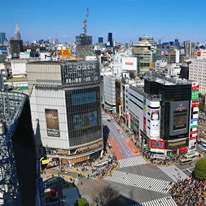 Aerial view of the Shibuya pedestrian crossing in Shibuya, Tokyo, Japan