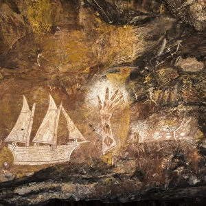 Aboriginal rock art by the late Jacob Nayinggul depicting a Maccassan ship