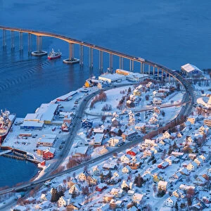 Aerial View over Arctic Cathedral and Bridge, Tromso, Norway