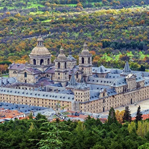 Aerial view of Royal Site of San Lorenzo de El Escorial (Monasterio y Sitio de El Escorial), San Lorenzo de El Escorial, Madrid, Spain