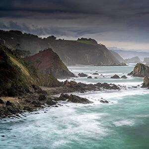 Asturian coastline in stormy weather, Playa del Silencio, Cudillero, Asturias, Spain