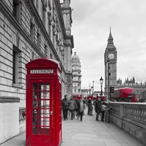 Big Ben, Houses of Parliament and a red phone box, London, England