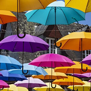 Brittany, Morbihan, Pontivy, France. Umbrellas adorn Pontivy village