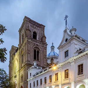Cathedral of the Immaculate Conception and San Luis Seminary at twilight, Calderon Park