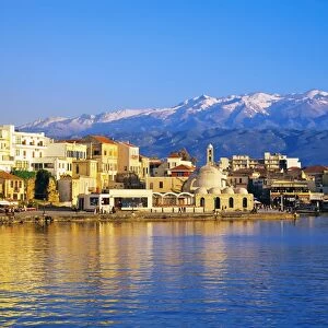 Chania waterfront and mountains in background, Chania, Crete, Greece, Europe
