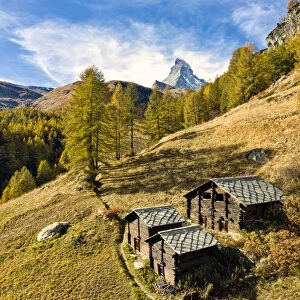Characteristic huts in autumn with Matterhorn in the background