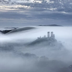 Corfe Castle in the mist, Dorset, England