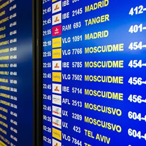 Departure board monitor at Barcelona El Prat international airport, Barcelona, Catalonia