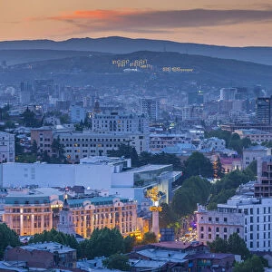 Georgia, Tbilisi, Narikala Fortress, high angle city skyline