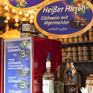 German mulled wine stall at Christmas Market, Wiesbaden, Hesse, Germany