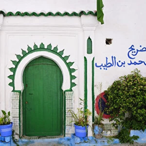 Green door and flowers of the Tanger medina. Morocco