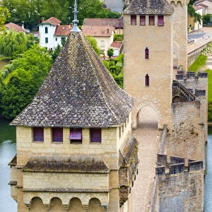 High angle view of medieval Pont Valentra bridge over the Lot River and town of Cahors