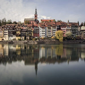 Laufenburg reflected in the Rhine river, Sulz, Canton Aargau, Switzerland