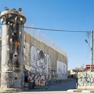 A lookout tower covered in graffiti along the Israeli West Bank Barrier wall, Bethlehem
