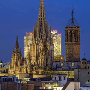 Night view of Cathedral of Santa Eulalia, Barcelona, Catalonia, Spain