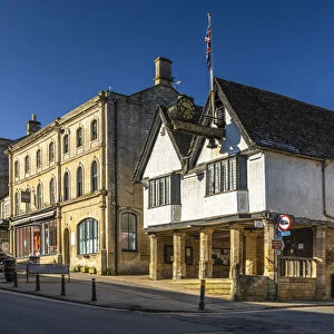 Town hall and clock, High street, Burford, Oxfordshire, England, UK