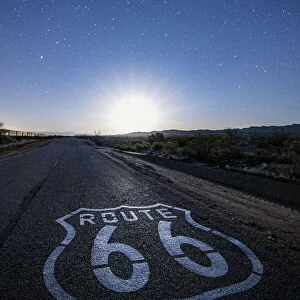 USA, California, Mojave Desert: moon rising on the Historic Route 66