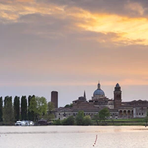View of the medieval city of Mantua at sunset with Castello di San Giorgio