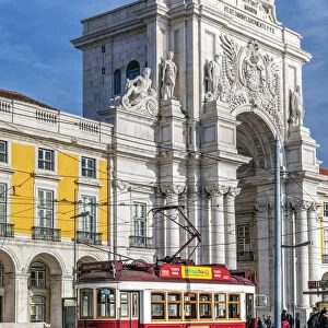 Vintage tourist tramway, Praca do Comercio or Commerce square, Lisbon, Portugal