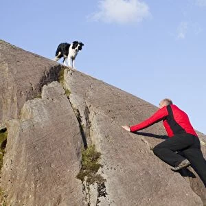 A climber and Border Collie dog on a boulder above Chapel Stile in the Langdale Valley in the Lake district