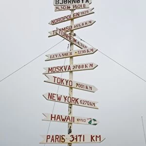 The directions sign just outside of the radio station on northern Bear Island in the Svalbard Archipeligo