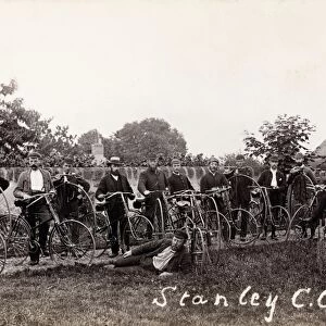 View of a group of men with bicycles. Titled: Stanley C. C. 1889 Date: 1889